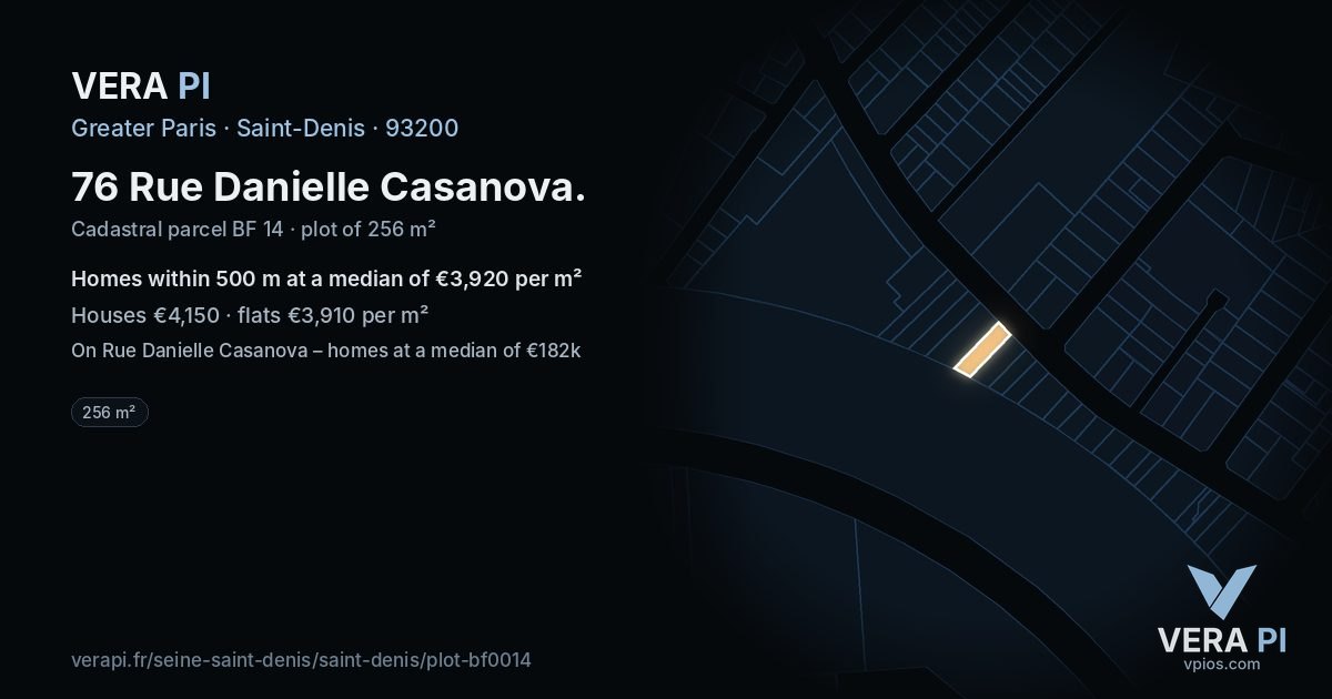76 Rue Danielle Casanova, Saint-Denis at night – the plot lit, the parcels around coloured by the prices near them
