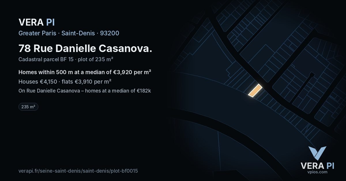 78 Rue Danielle Casanova, Saint-Denis at night – the plot lit, the parcels around coloured by the prices near them