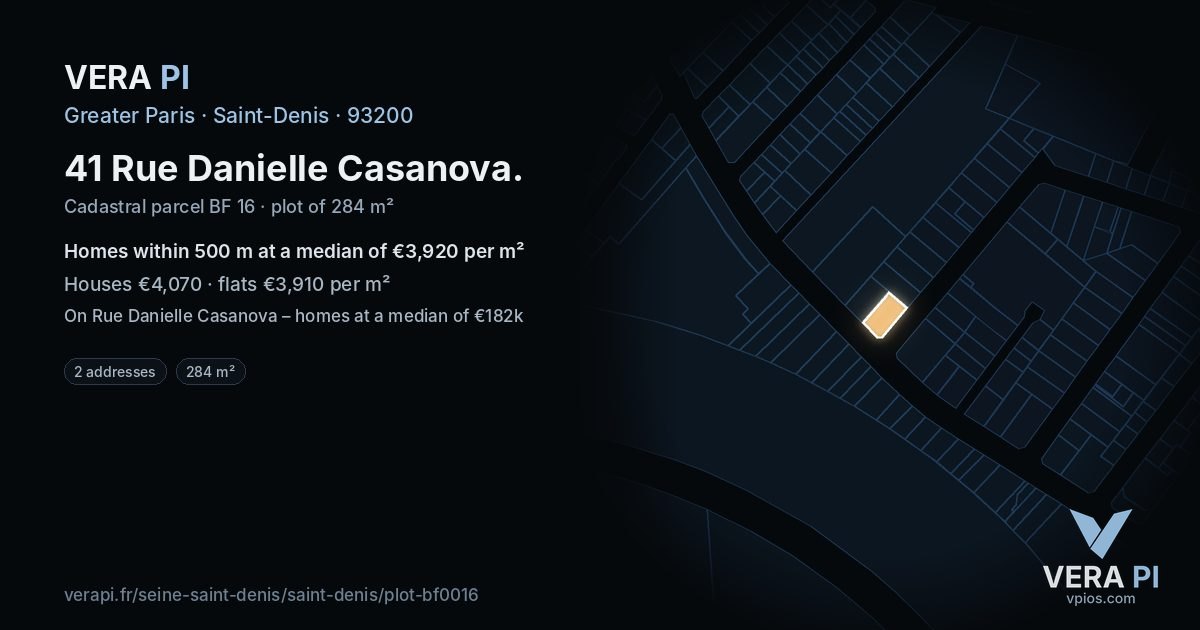 41 Rue Danielle Casanova, Saint-Denis at night – the plot lit, the parcels around coloured by the prices near them