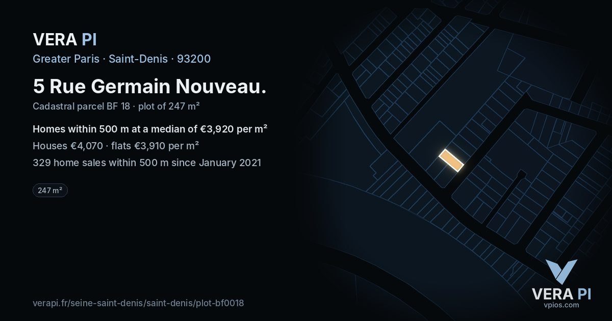 5 Rue Germain Nouveau, Saint-Denis at night – the plot lit, the parcels around coloured by the prices near them