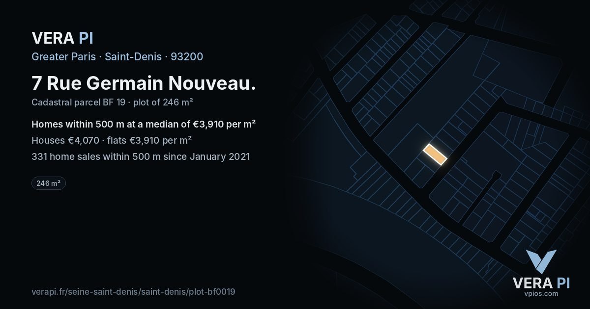 7 Rue Germain Nouveau, Saint-Denis at night – the plot lit, the parcels around coloured by the prices near them