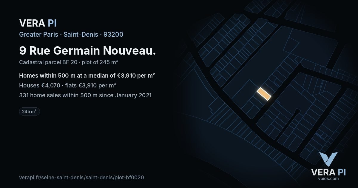 9 Rue Germain Nouveau, Saint-Denis at night – the plot lit, the parcels around coloured by the prices near them