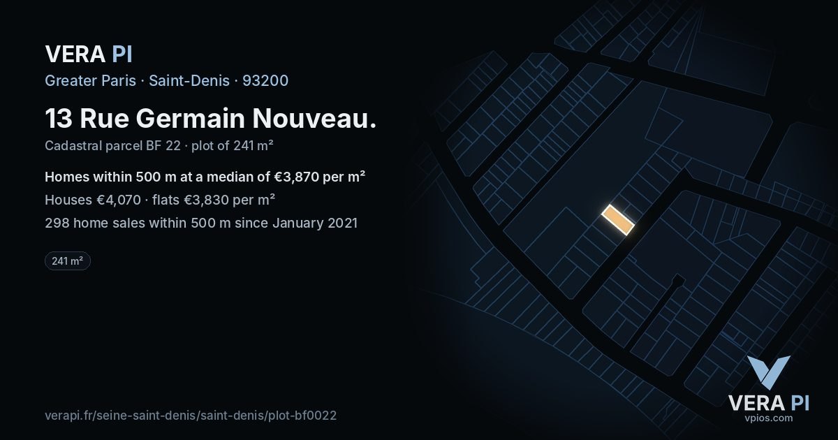 13 Rue Germain Nouveau, Saint-Denis at night – the plot lit, the parcels around coloured by the prices near them