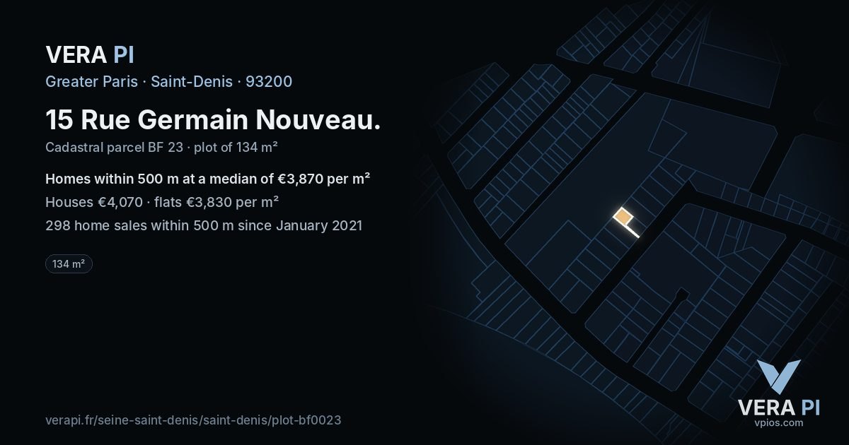 15 Rue Germain Nouveau, Saint-Denis at night – the plot lit, the parcels around coloured by the prices near them