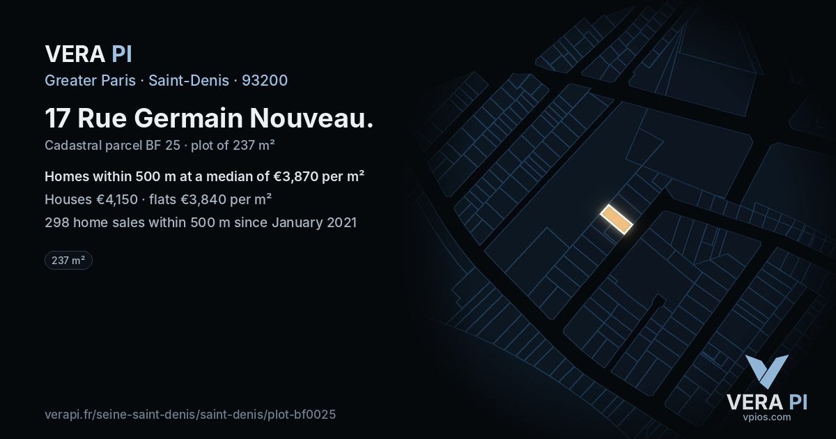 17 Rue Germain Nouveau, Saint-Denis at night – the plot lit, the parcels around coloured by the prices near them