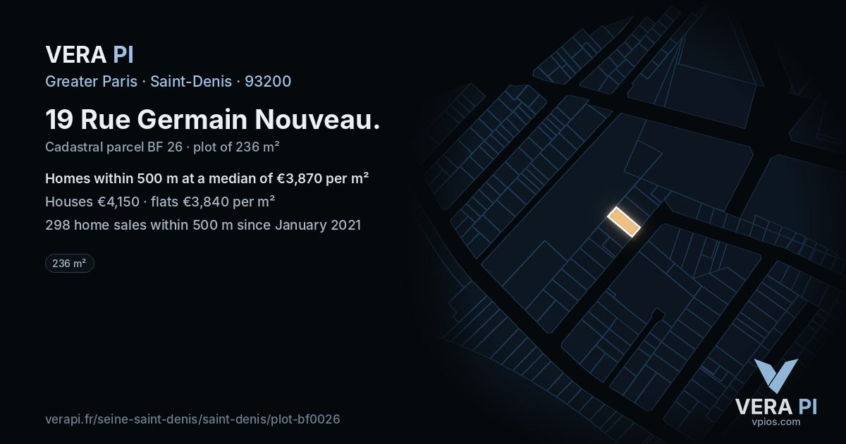 19 Rue Germain Nouveau, Saint-Denis at night – the plot lit, the parcels around coloured by the prices near them