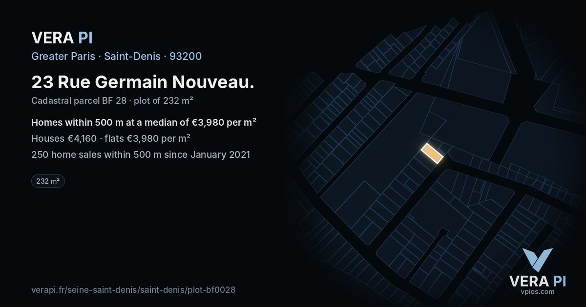 23 Rue Germain Nouveau, Saint-Denis at night – the plot lit, the parcels around coloured by the prices near them