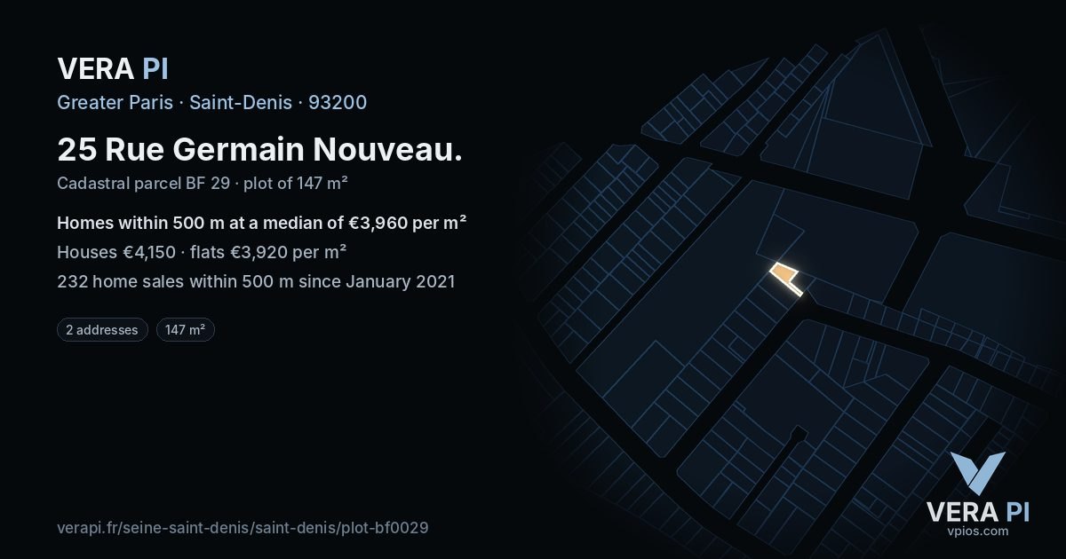 25 Rue Germain Nouveau, Saint-Denis at night – the plot lit, the parcels around coloured by the prices near them