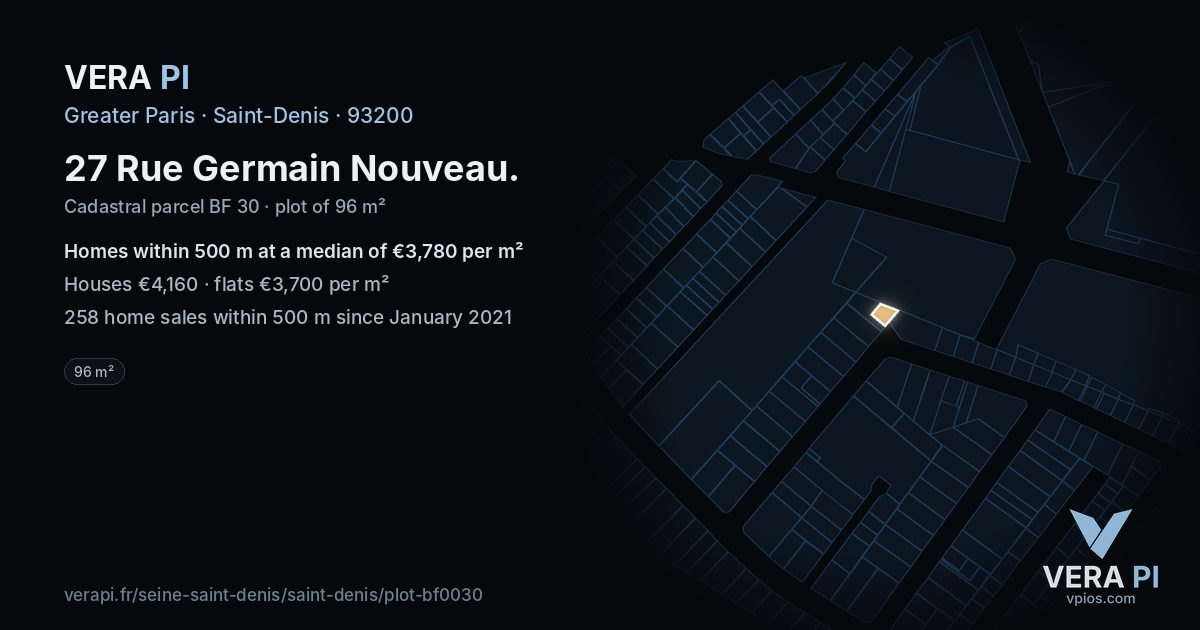 27 Rue Germain Nouveau, Saint-Denis at night – the plot lit, the parcels around coloured by the prices near them