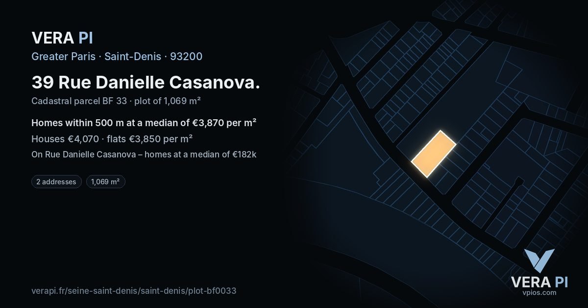 39 Rue Danielle Casanova, Saint-Denis at night – the plot lit, the parcels around coloured by the prices near them