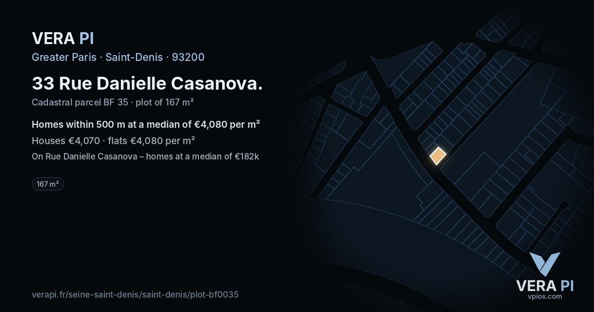 33 Rue Danielle Casanova, Saint-Denis at night – the plot lit, the parcels around coloured by the prices near them