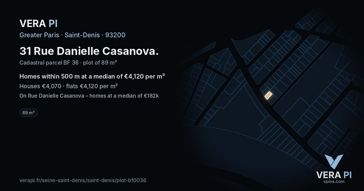 31 Rue Danielle Casanova, Saint-Denis at night – the plot lit, the parcels around coloured by the prices near them