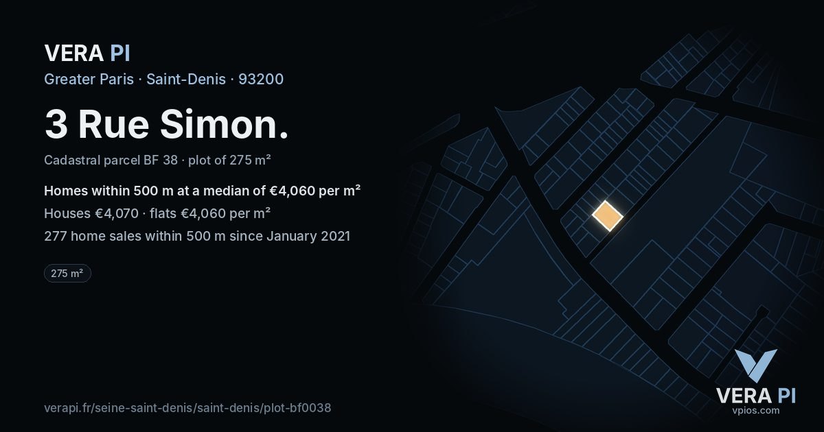 3 Rue Simon, Saint-Denis at night – the plot lit, the parcels around coloured by the prices near them