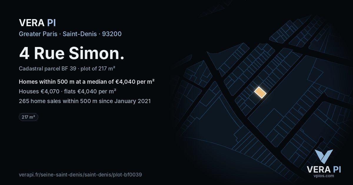 4 Rue Simon, Saint-Denis at night – the plot lit, the parcels around coloured by the prices near them