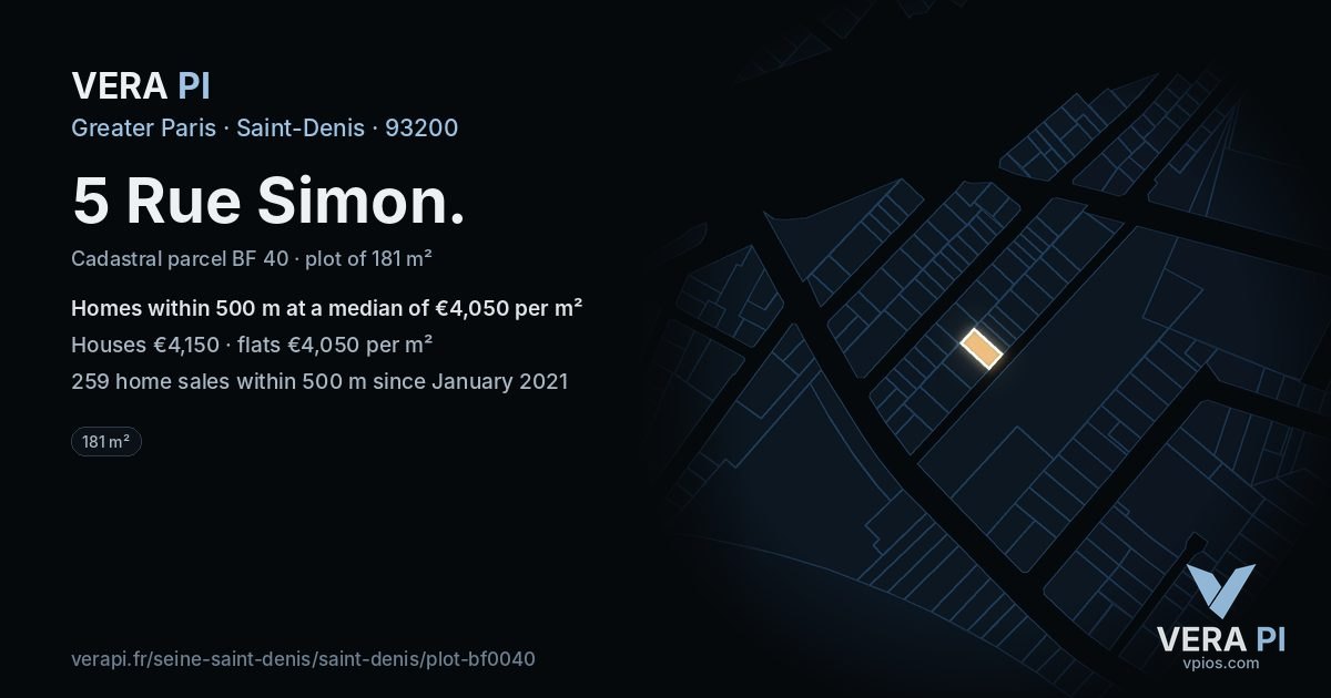 5 Rue Simon, Saint-Denis at night – the plot lit, the parcels around coloured by the prices near them