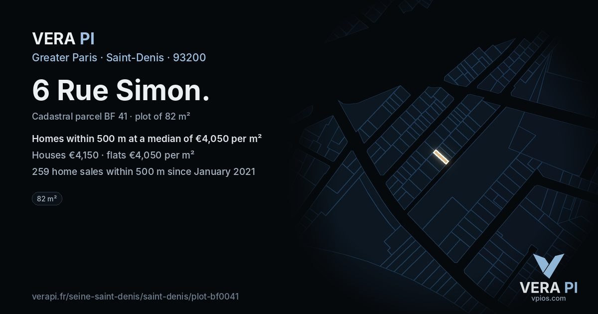 6 Rue Simon, Saint-Denis at night – the plot lit, the parcels around coloured by the prices near them