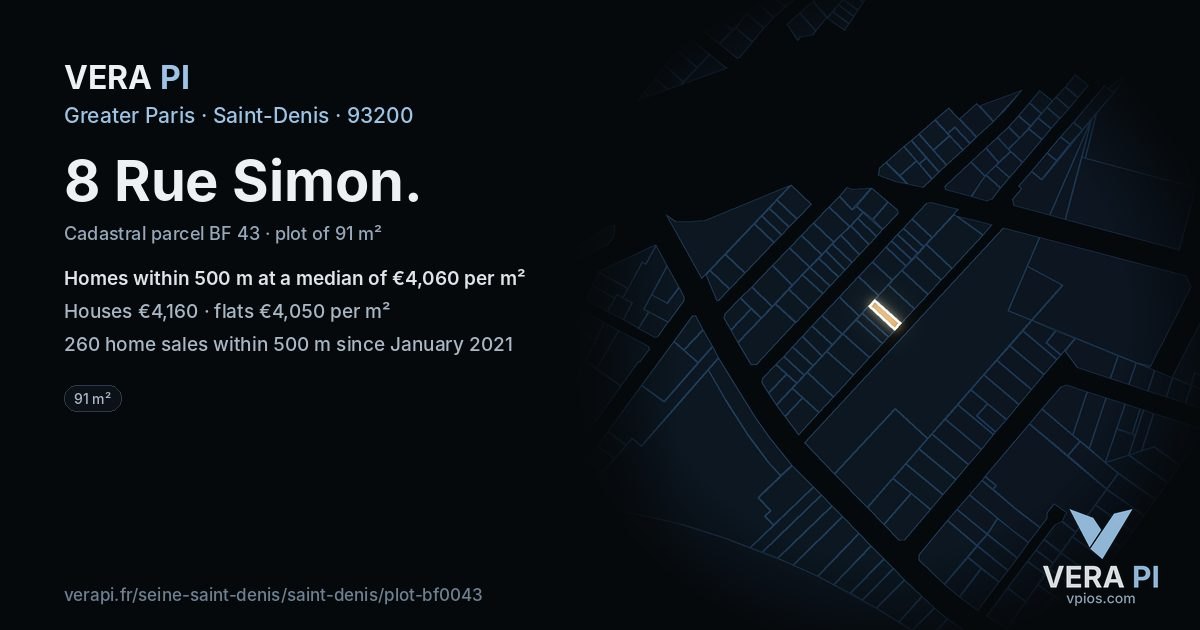 8 Rue Simon, Saint-Denis at night – the plot lit, the parcels around coloured by the prices near them