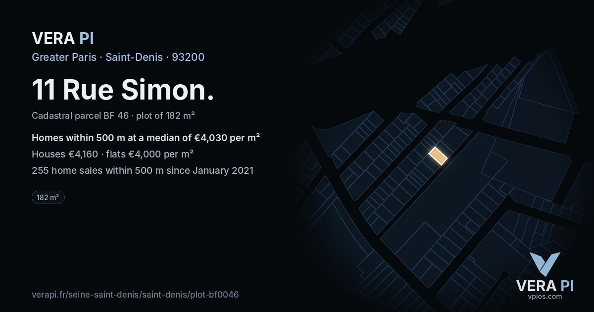 11 Rue Simon, Saint-Denis at night – the plot lit, the parcels around coloured by the prices near them