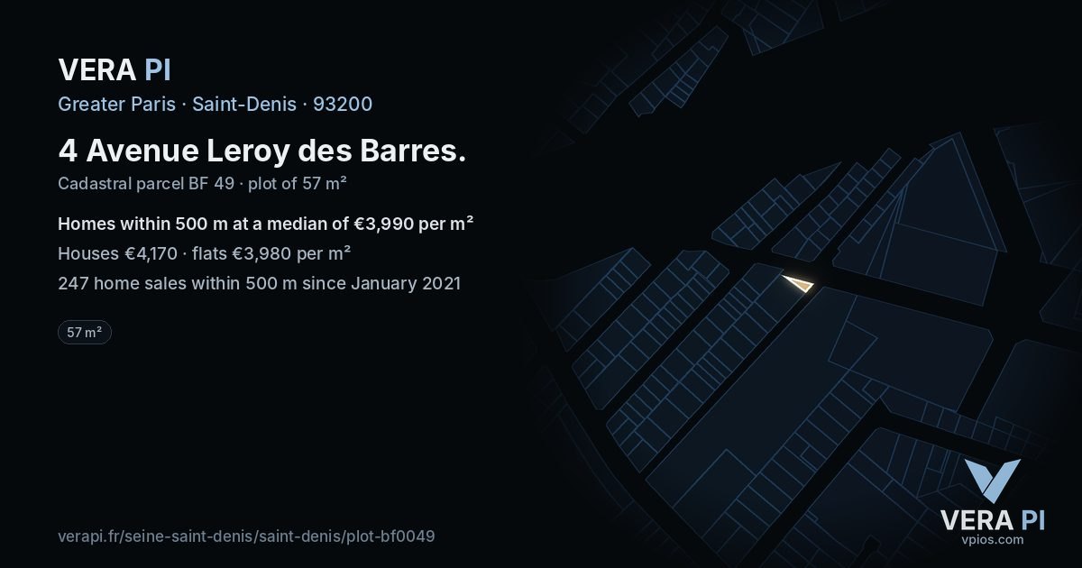 4 Avenue Leroy des Barres, Saint-Denis at night – the plot lit, the parcels around coloured by the prices near them
