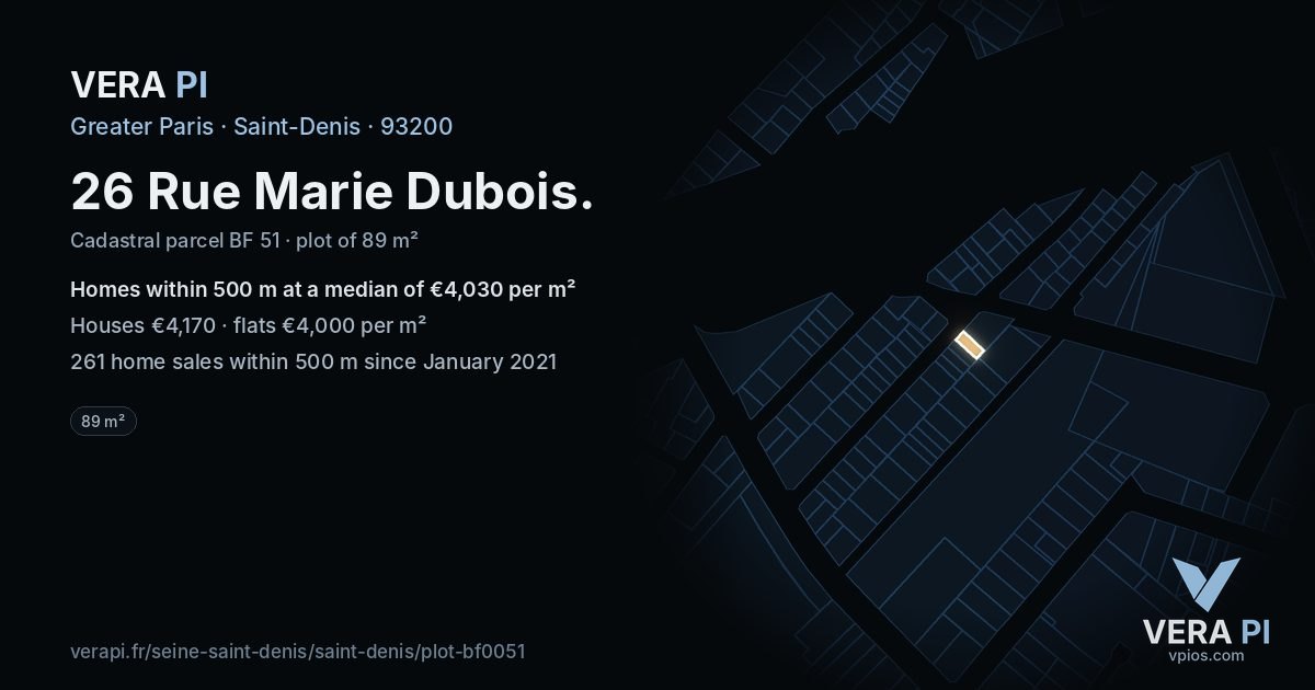 26 Rue Marie Dubois, Saint-Denis at night – the plot lit, the parcels around coloured by the prices near them