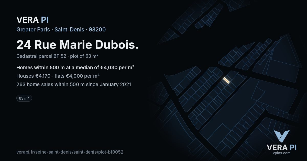 24 Rue Marie Dubois, Saint-Denis at night – the plot lit, the parcels around coloured by the prices near them