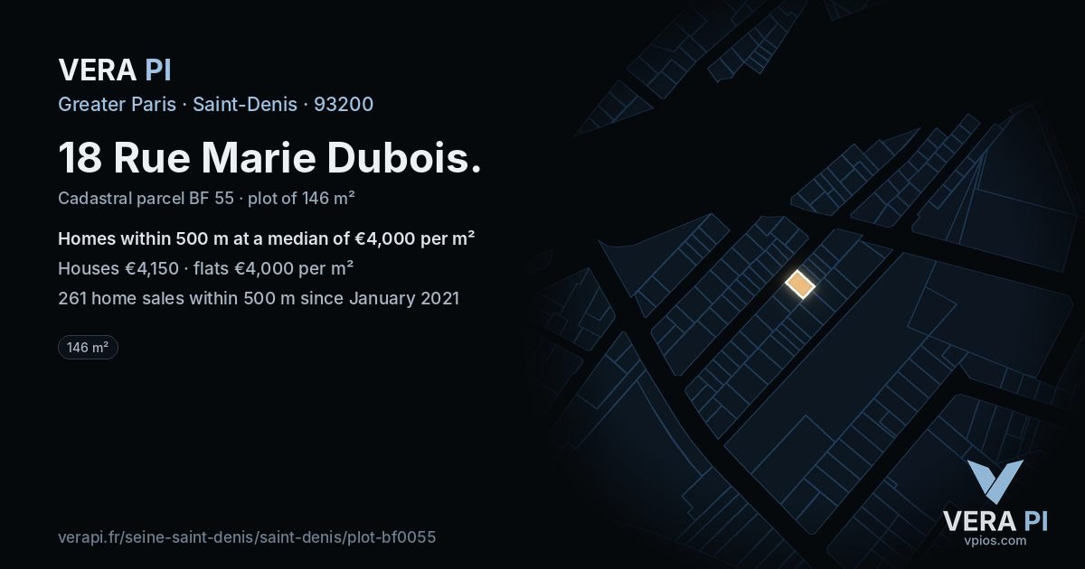 18 Rue Marie Dubois, Saint-Denis at night – the plot lit, the parcels around coloured by the prices near them