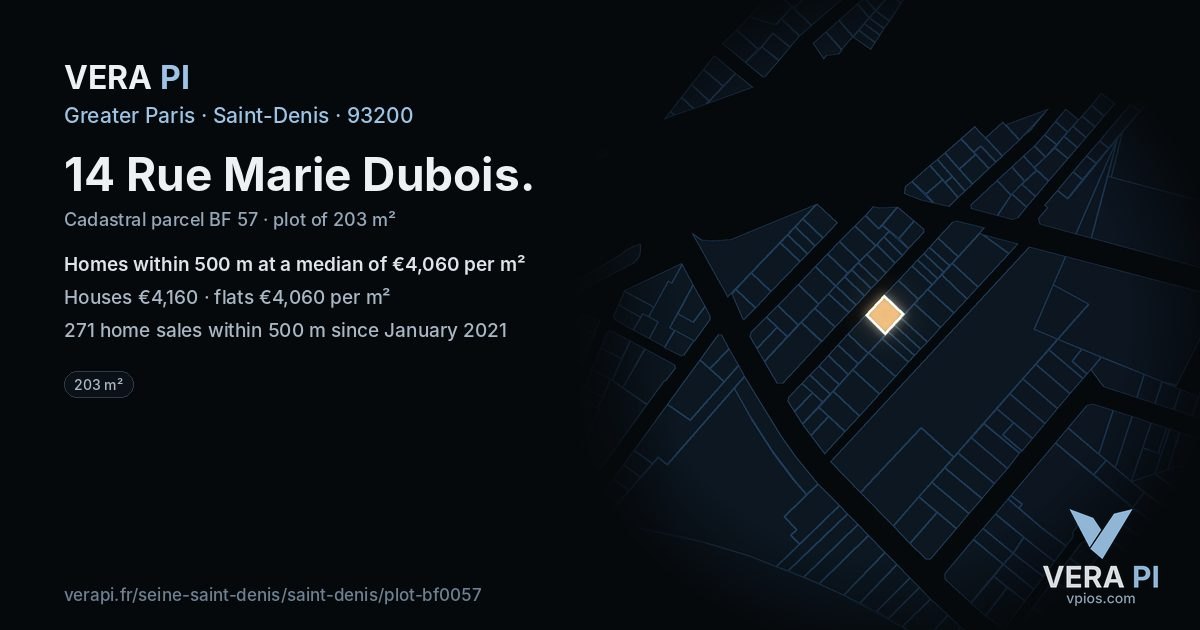 14 Rue Marie Dubois, Saint-Denis at night – the plot lit, the parcels around coloured by the prices near them