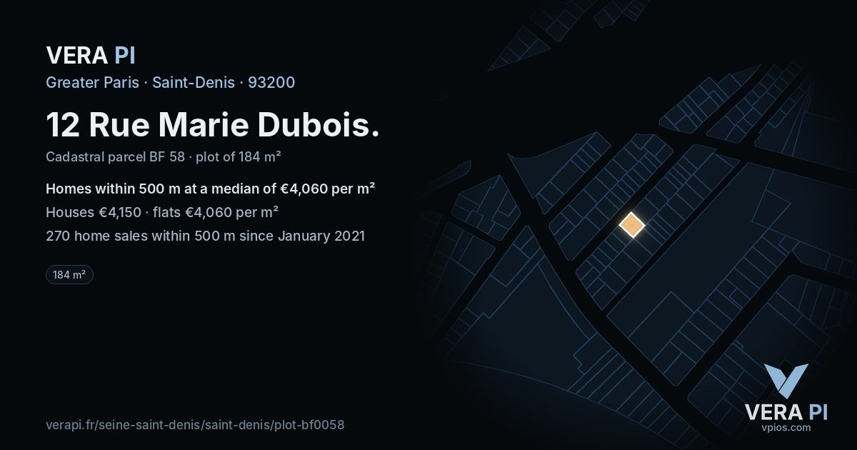 12 Rue Marie Dubois, Saint-Denis at night – the plot lit, the parcels around coloured by the prices near them