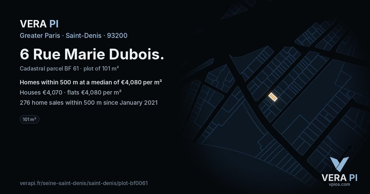 6 Rue Marie Dubois, Saint-Denis at night – the plot lit, the parcels around coloured by the prices near them