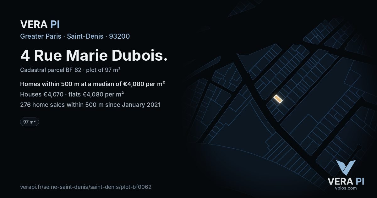 4 Rue Marie Dubois, Saint-Denis at night – the plot lit, the parcels around coloured by the prices near them