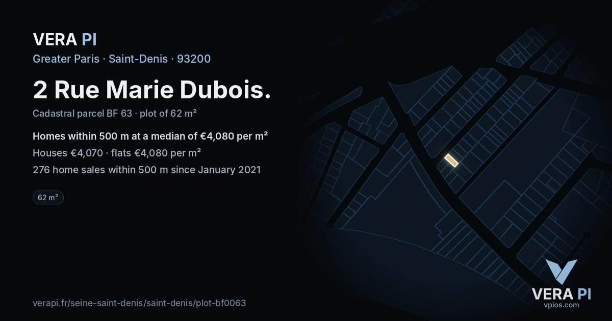 2 Rue Marie Dubois, Saint-Denis at night – the plot lit, the parcels around coloured by the prices near them
