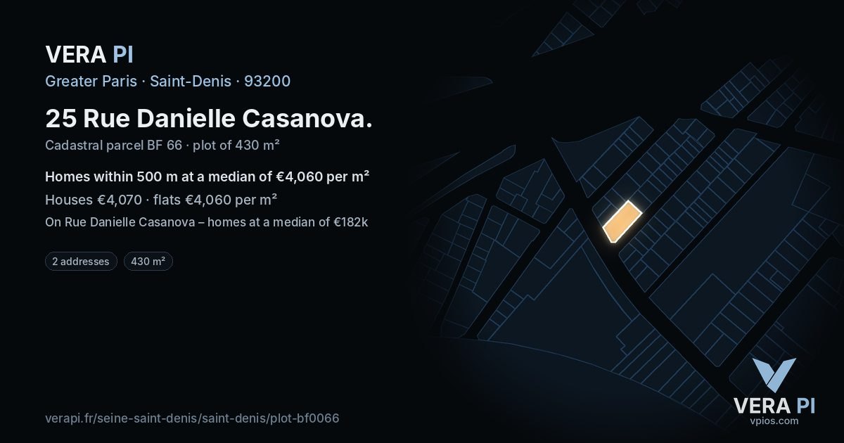 25 Rue Danielle Casanova, Saint-Denis at night – the plot lit, the parcels around coloured by the prices near them