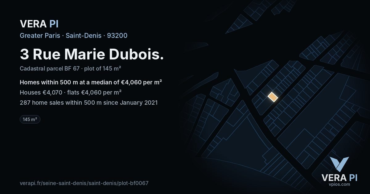 3 Rue Marie Dubois, Saint-Denis at night – the plot lit, the parcels around coloured by the prices near them