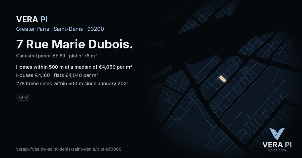 7 Rue Marie Dubois, Saint-Denis at night – the plot lit, the parcels around coloured by the prices near them