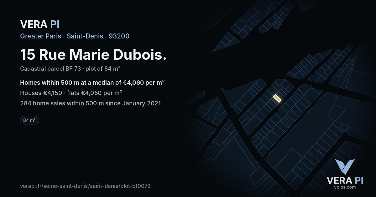 15 Rue Marie Dubois, Saint-Denis at night – the plot lit, the parcels around coloured by the prices near them