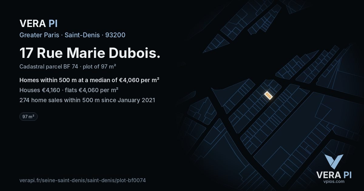 17 Rue Marie Dubois, Saint-Denis at night – the plot lit, the parcels around coloured by the prices near them