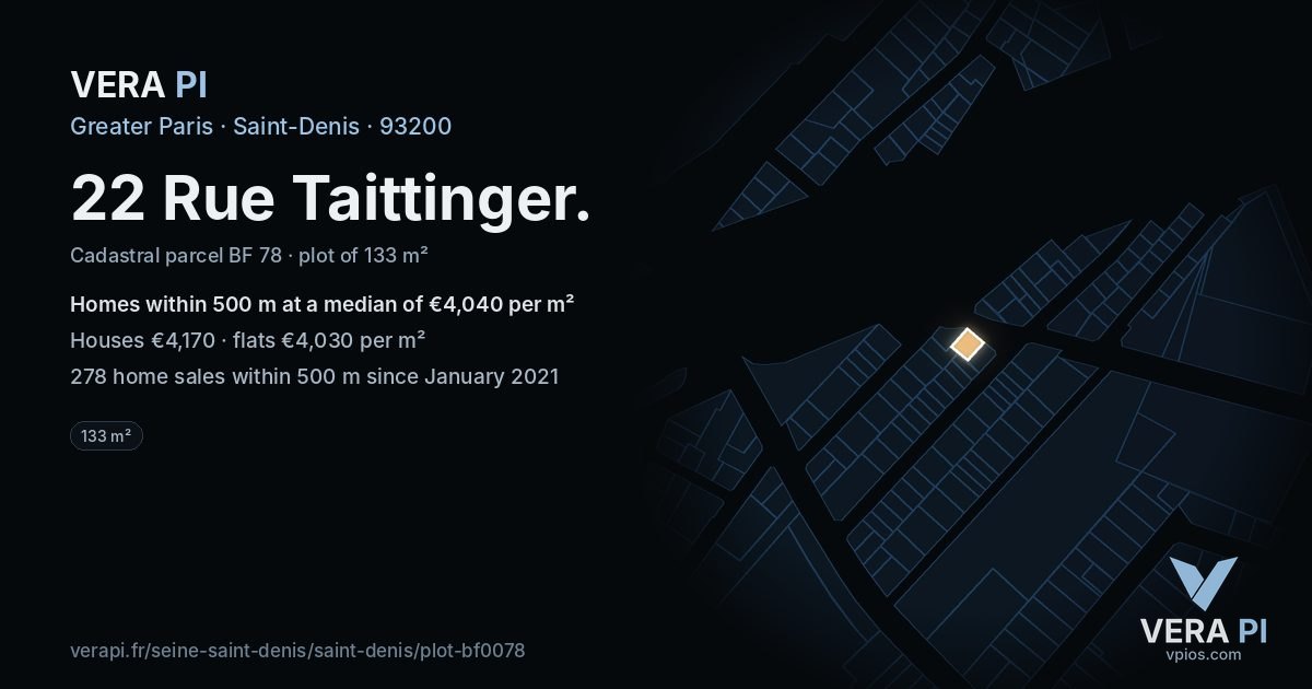 22 Rue Taittinger, Saint-Denis at night – the plot lit, the parcels around coloured by the prices near them