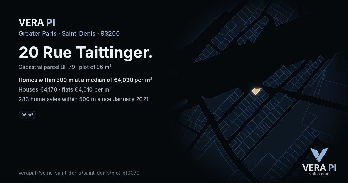20 Rue Taittinger, Saint-Denis at night – the plot lit, the parcels around coloured by the prices near them