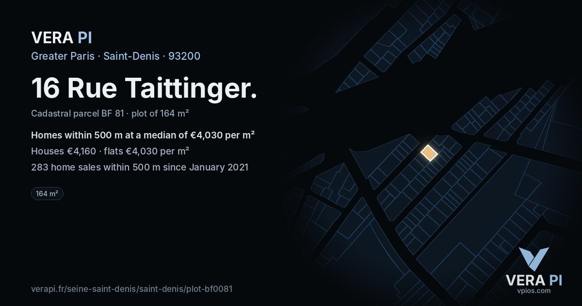 16 Rue Taittinger, Saint-Denis at night – the plot lit, the parcels around coloured by the prices near them