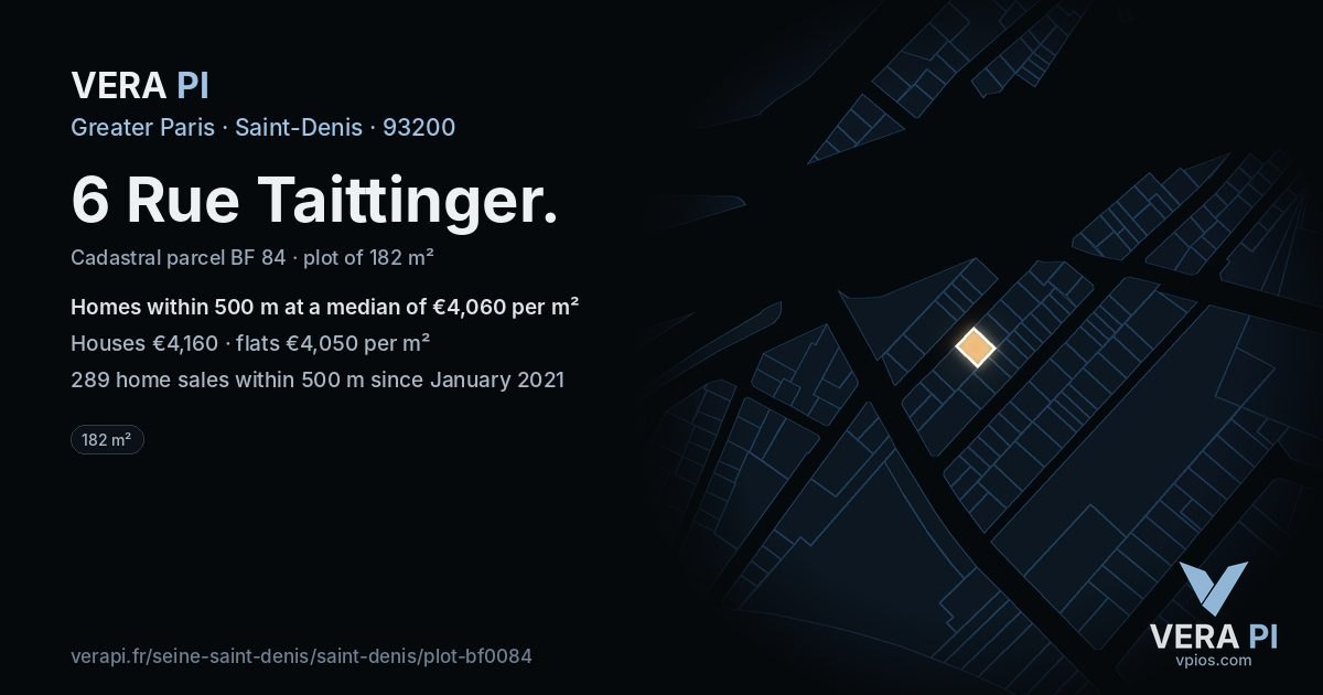6 Rue Taittinger, Saint-Denis at night – the plot lit, the parcels around coloured by the prices near them