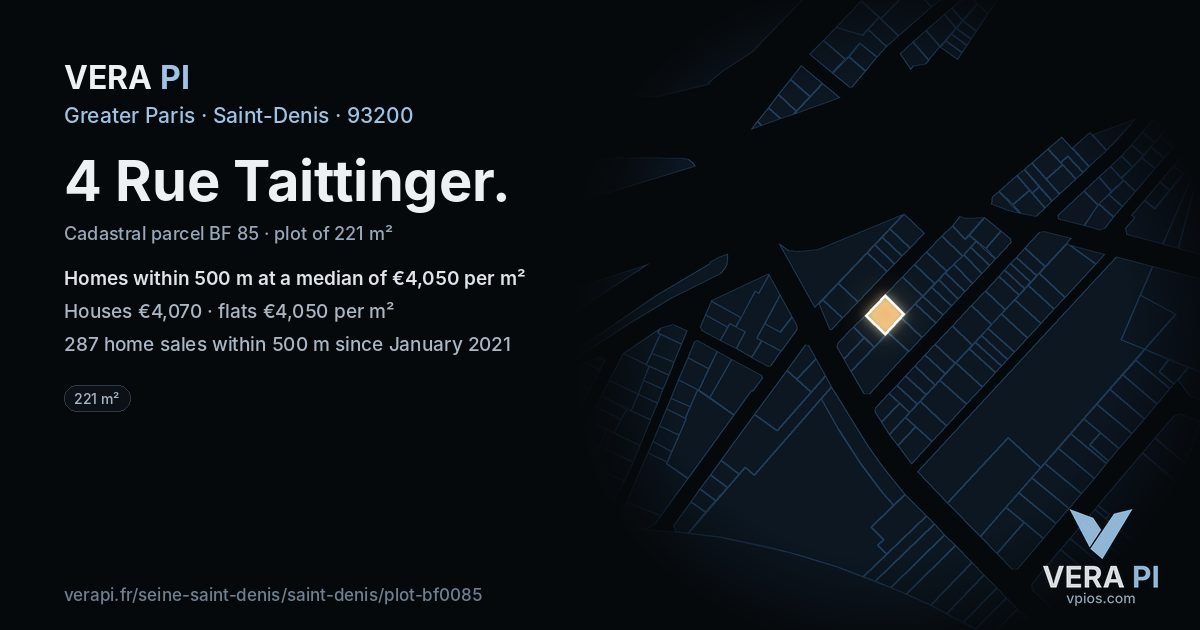 4 Rue Taittinger, Saint-Denis at night – the plot lit, the parcels around coloured by the prices near them