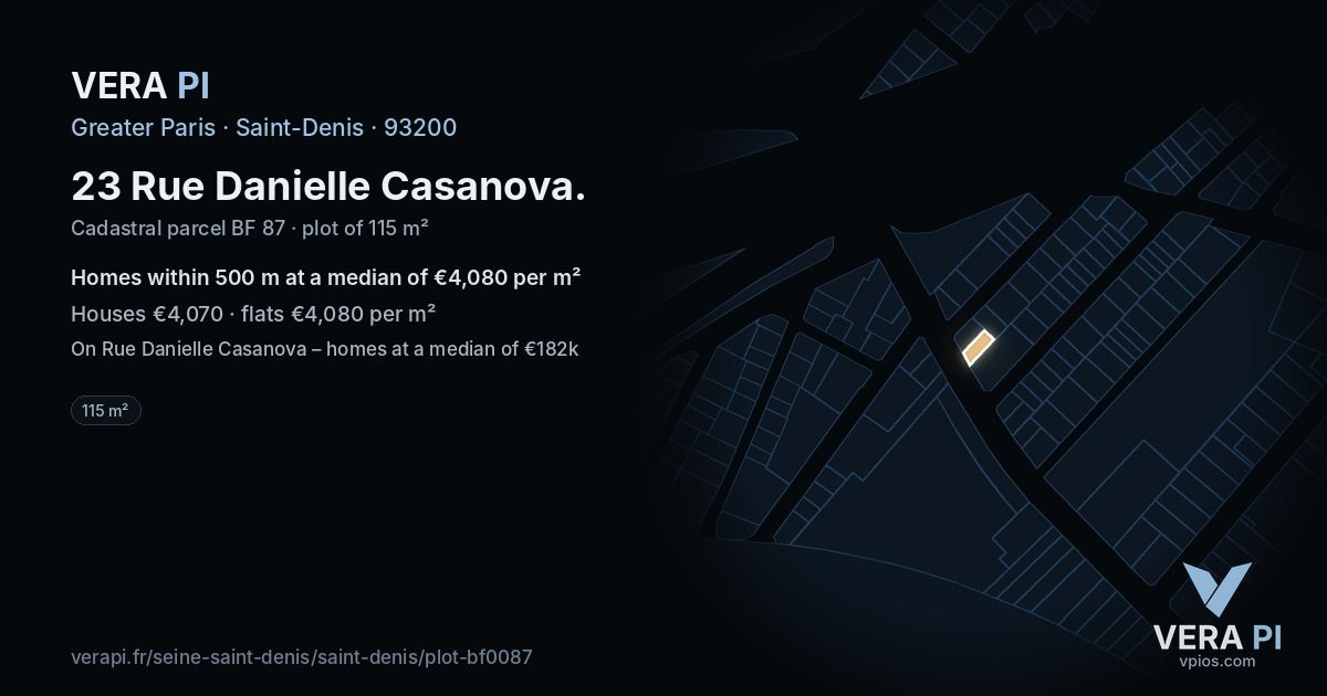 23 Rue Danielle Casanova, Saint-Denis at night – the plot lit, the parcels around coloured by the prices near them