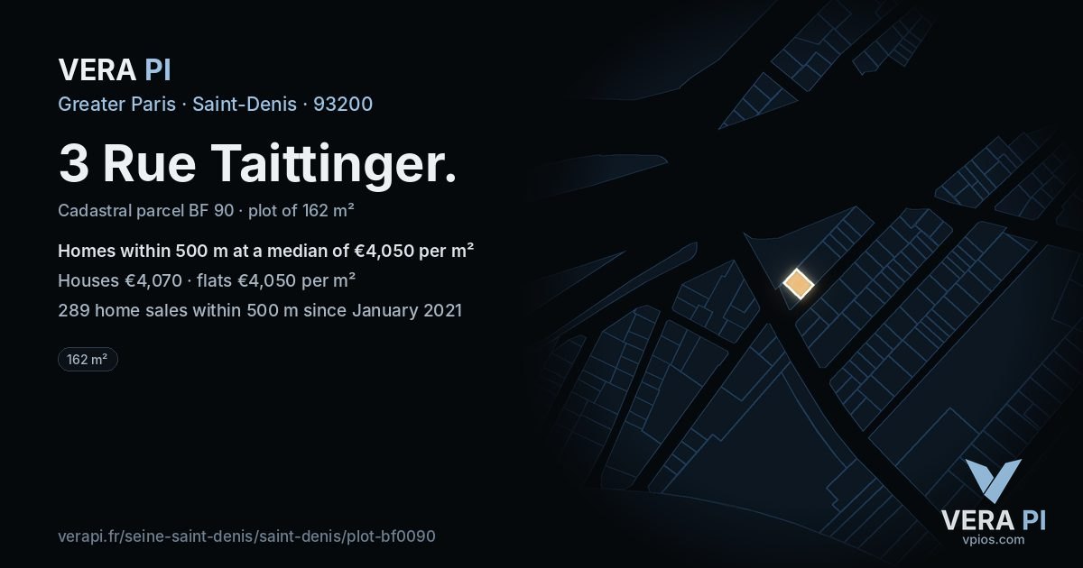 3 Rue Taittinger, Saint-Denis at night – the plot lit, the parcels around coloured by the prices near them
