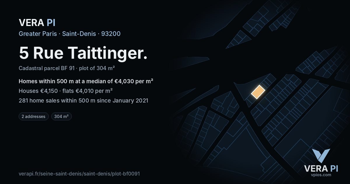 5 Rue Taittinger, Saint-Denis at night – the plot lit, the parcels around coloured by the prices near them