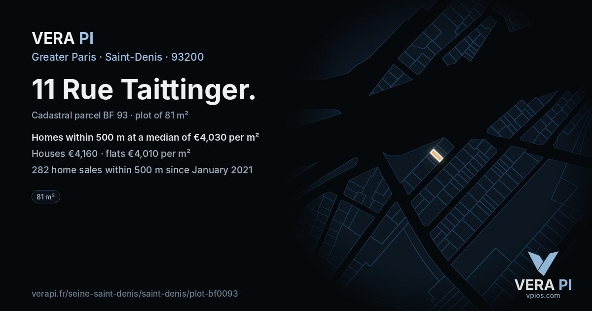 11 Rue Taittinger, Saint-Denis at night – the plot lit, the parcels around coloured by the prices near them