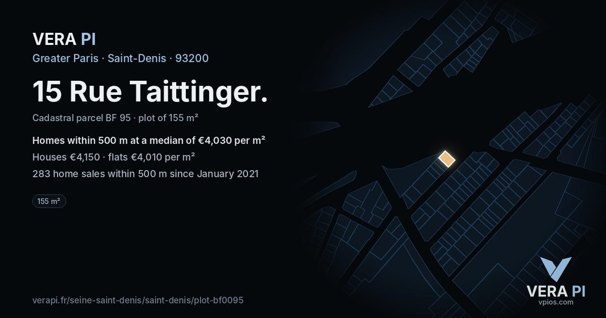 15 Rue Taittinger, Saint-Denis at night – the plot lit, the parcels around coloured by the prices near them