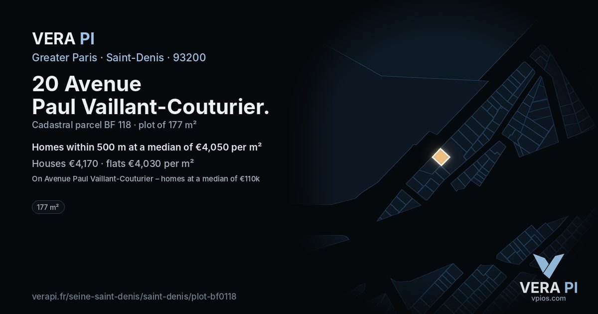 20 Avenue Paul Vaillant-Couturier, Saint-Denis at night – the plot lit, the parcels around coloured by the prices near them