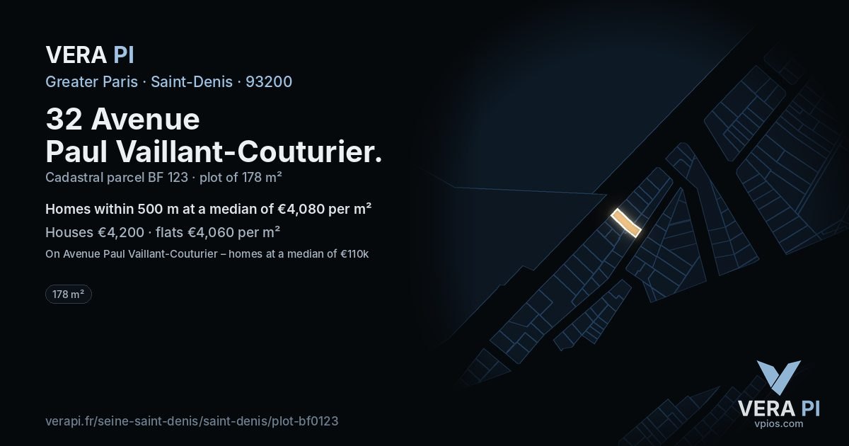 32 Avenue Paul Vaillant-Couturier, Saint-Denis at night – the plot lit, the parcels around coloured by the prices near them