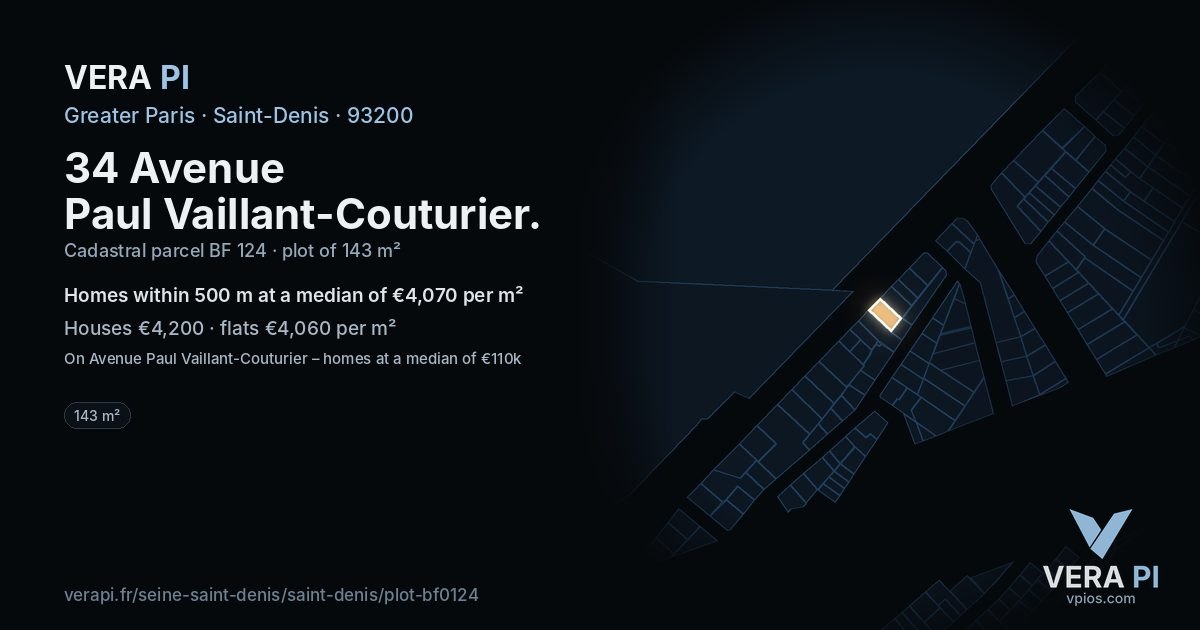 34 Avenue Paul Vaillant-Couturier, Saint-Denis at night – the plot lit, the parcels around coloured by the prices near them