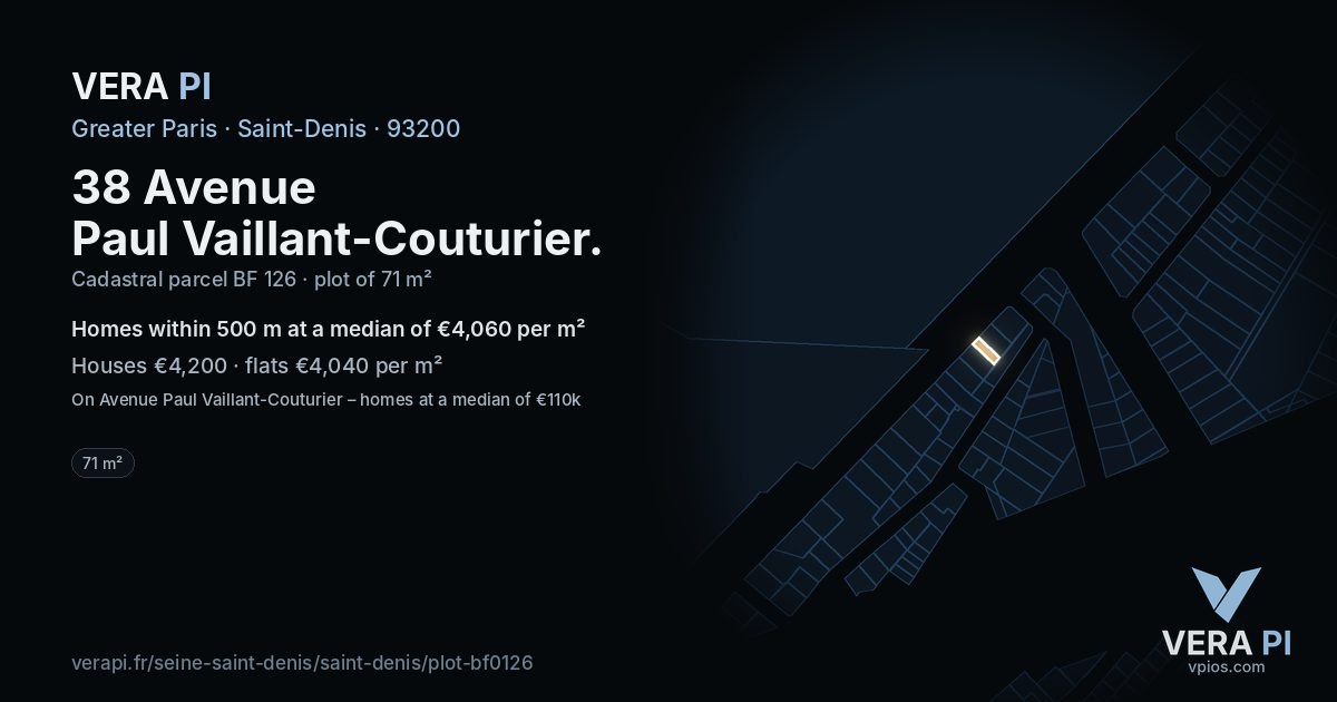 38 Avenue Paul Vaillant-Couturier, Saint-Denis at night – the plot lit, the parcels around coloured by the prices near them